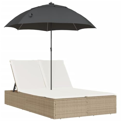 Eleganz Doppel-Sonnenliege aus PE-Rattan mit Kissen & Sonnenschirm - Beige, pulverbeschichteter Stahl, perfekt für Gartenbetten, langlebig und stilvoll