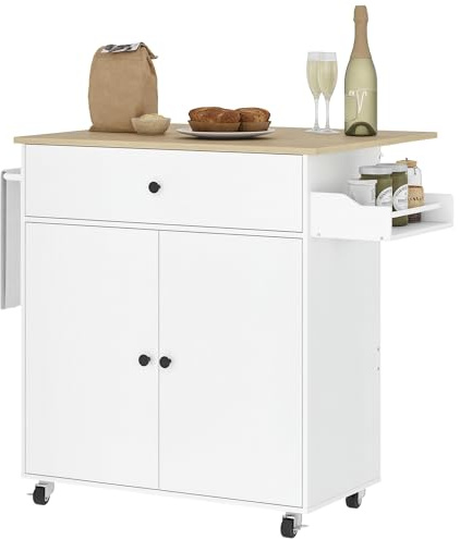 HOMCOM Isola per Cucina con Tavolo a ribalta, Cassetto, Armadietto a 2 Ante, Portaspezie e Portasciugamani, Mobile da Cucina con Ripiano Regolabile e Ruote a Freno, 106x42x87 cm, Bianco