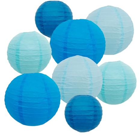 Blue Paper Lanterns 8-Pack, 6-12 inch Mixed Sizes Hanging Party Decor for Wedding Birthday Christmas