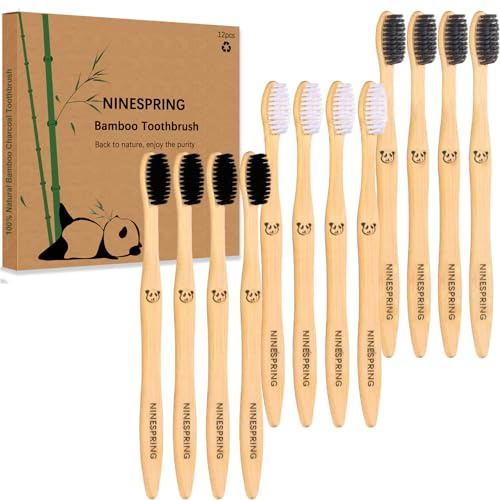NINESPRING 12 Brosses à Dents en Bambou à Poils Souples Brosse à Dents en Bois Végétale Naturelle,100% Sans BPA,Écologique,Brosses à Dents Manuelle Biodégradables en Charbon de Bois