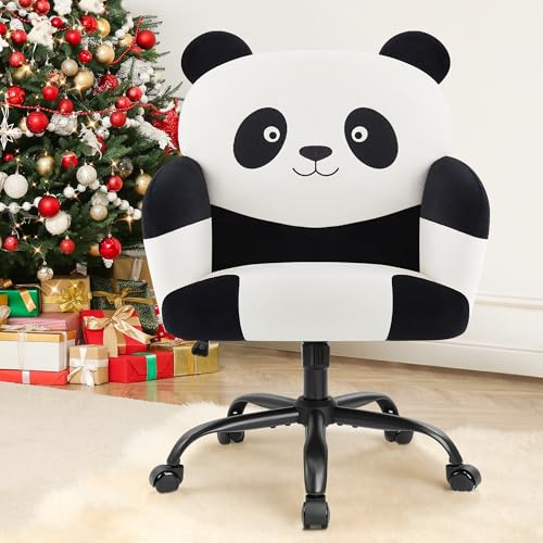 IWMH Chaise de Bureau Ergonomique Fauteuil de Bureau en Velours Respirant Chaise de Coiffeuse avec Dossier Rembourré Orné d'un Motif Panda Fonction Pivotante roulettes Silencieuses Hauteur Réglable