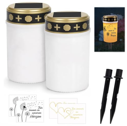 ASOFTY 2 luces solares LED para tumbas con 2 estacas y 4 pegatinas, resistentes a la intemperie, velas de cementerio, velas de cementerio para exteriores, para decoración de tumbas