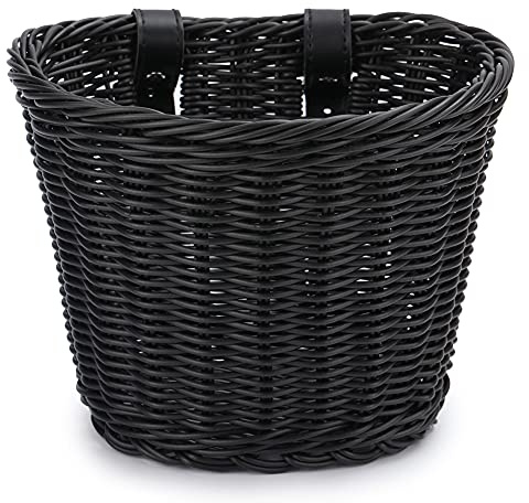 Demiawaking Cestino per Bicicletta in Finto Vimini Intrecciato a Mano Cestino Anteriore per Bicicletta Cestino da Bicicletta Vintage con Cinghie in Pelle Cestino Portapacchi Anteriore Bici (Nero)