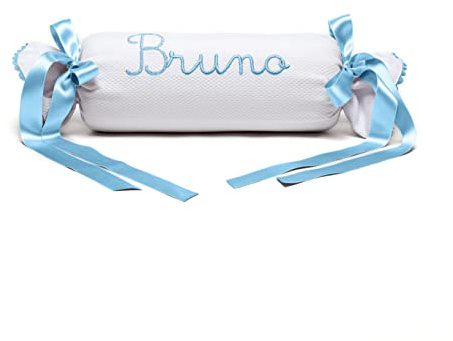 Borda y más Cojín Decorativo para Cuna o Carrito Personalizado – Caramelo bebé con Nombre - Rulo recién Nacido Bordado – Nenel (Blanco/Celeste)