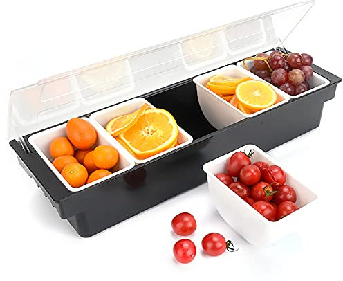 MINUS ONE Dispensador de alimentos y condimentos con tapa, bandeja dispensadora de plástico, para servir tacos, helados, frutas, ensalada (5 compartimentos)
