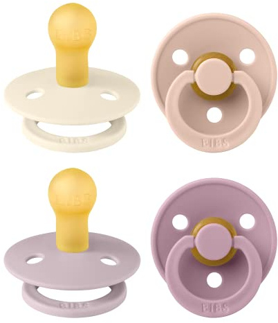 BIBS Dummies Colour 4-Pack, BPA Free Dummy Pacifier, Round Nipple Soothers, Natural Rubber Latex, Made in Denmark. 0-6 Months (Pack of 4), Baby Girl Colours