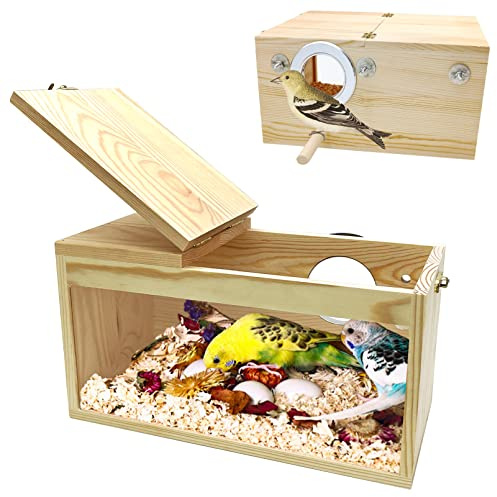PINVNBY Natural Wood Parakeet Nesting Box Budgie Breeding Box Acrylic Bird Nest for Cage Transparent Panoramic for Parrots, Cockatiels, Lovebirds, Canaries, and Small Birds (M: 9.8 x 5.3 x 5.3 inch)