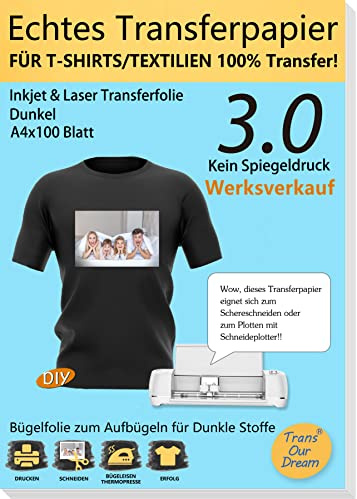TransOurDream 100 ark + 10 silikonpapper, A4, äkta bläckstråle/laser överföringsfilm, strykfolie för mörka textilier, t-shirt papper för mörka t-shirts, textilfolier, transferpapper