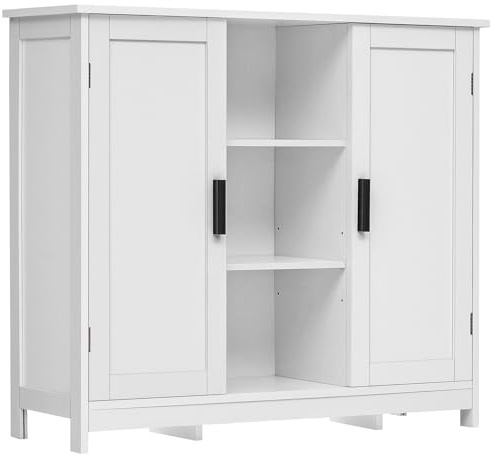 Iwell Storage Cabinet with 2 Doors and 4 Storage Shelves, Credenza Buffet Cabinet, Bathroom Cabinet for Living Room, Entryway, Home Office, White
