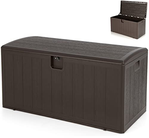 GiantexUK 400L Garden Storage Box, Lockable Weatherproof Deck Box with Linked Strap and Side Recessed Handles, Wood Effect Utility Chest Container for Indoor Outdoor