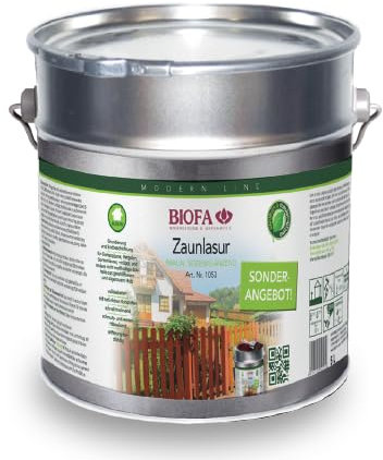 Biofa Zaunlasur, Wetterschutzfarbe, Grundierung, Endbeschichtung für Gartenzäune, Pergolen, Gartenhäuser, möbel usw., Farbe Teak-braun, 5 Liter