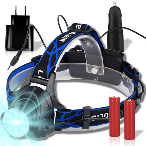 Retoo Lampe Frontale Rechargeable LED, Super Lumineux Étanche, Réglage Du ZOOM, 3 Modes De Fonctionnement, LED Rouge À L'arrière, Réglage De l'angle d'inclinaison, Portée 300-500 m, 2 Piles Inclus