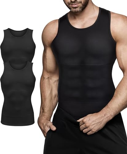 Mens Compression Shirt Slimming Body Shaper Vest Workout Tank Tops Abs Abdomen Undershirts 2 Packs - Black+Black, X-Large