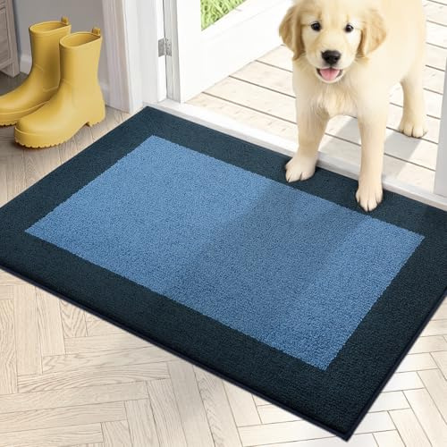 PURRUGS Dirt Trapping Door Mat 20 x 32, Non-Slip Washable Entry Mat, Dog Doormat, Front Door Mat, Super Absorbent Entrance Mat for Muddy Shoes & Paws, Light Blue & Navy