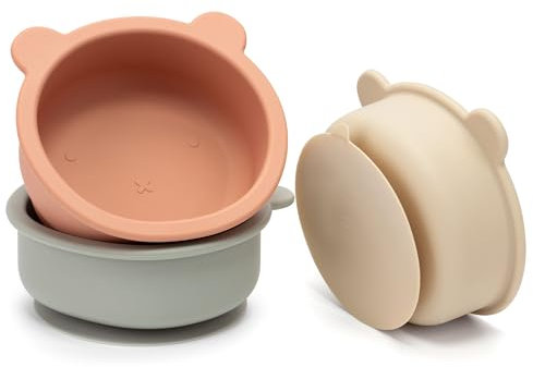MOJINL 3 Stück Silikon Baby Schüssel mit Saugnapf, Rutschfest Breischale Baby Set mit Absaugung, Mikrowellengeeignet Silikon Baby Schälchen für Babybrei, BPA Frei Kinderschüssel für Kinder Kleinkinder