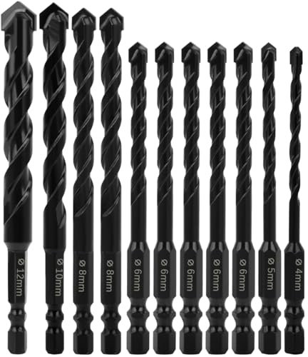 Masonry Drill Bits Set 11PCS Carbide Concrete Drill Bit Set Porcelain Tile Drill Bits for Stone Tile Brick Ceramic Glass Metal Sheet Plastic and Wood, Quick Change 6mm Hex Shank, Size 4/5/6/8/10/12mm