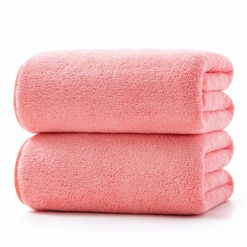 Lumimi Towels 2 Piece Very Soft Microfiber Bath Towel Set Super Absorbent Light Quick Dry and Durable, 55 L x 27 W, 2 Pack Pink Red