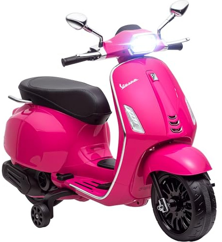AIYAPLAY Vespa Licensed 12V Kids Electric Motorbike, Kids Ride on Motorcycle with Music, Head Light, MP3, FM Radio, Two Training Wheels, for 3-6 Years - Pink