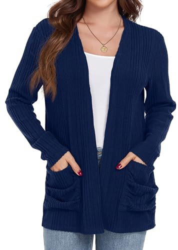 GRECERELLE Womens Cardigans Lightweight Casual Rib Classic Cardigans for Ladies with Pockets (Navy Blue, L)
