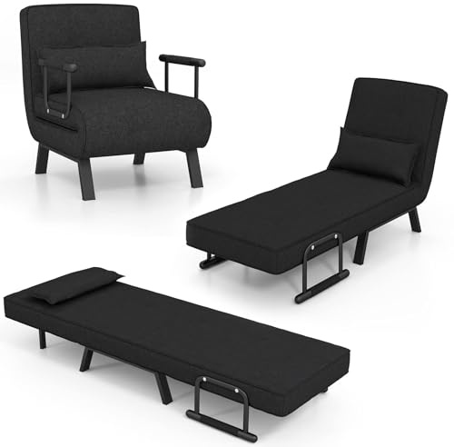 GOPLUS Canapé-lit Convertible, Fauteuil Convertible Lit, avec Dossier Réglable en 6 Positions, Oreiller Amovible, Cadre Métallique Robuste, Canapé-lit Pliable 1 Place, pour Salon (Noir Foncé)
