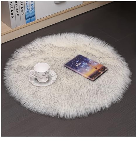 Wisafory Teppich Rund Imitat Fellteppich Kunstfell Teppich Waschbar Flauschiger Teppich Anti-Rutsch-Spielmatte Schlafzimmer für Wohnzimmer Kinderzimmer Weiß Schwarz Spitze Runder Durchmesser 30cm