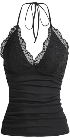 GORGLITTER Axelbandstopp för damer, Y2k, kamisol, crop top, neckholder, topp med kontrastspets