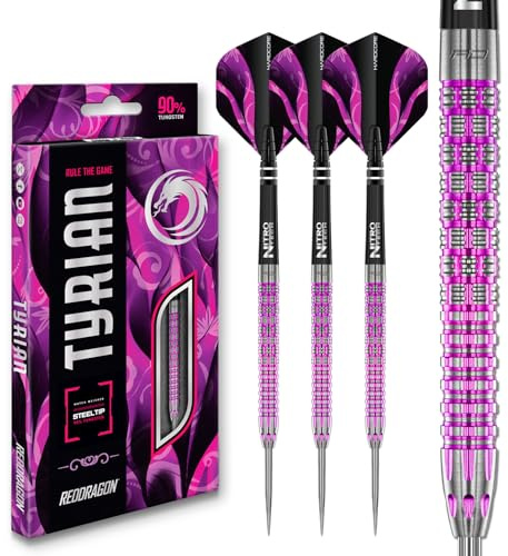 RÖD DRAGON Darts – Tyrian Series 24 g – 90 % professionellt dartset med volframstålspets med dartflyg och dartaxlar (stammar)
