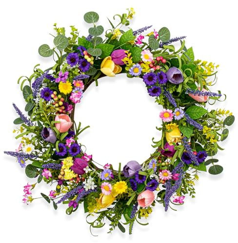 JINGHONG Artificial Spring Wreath 22 Inch Spring Wreaths for Front Door Tulip Wreath with Green Eucalyptus Leaves Daisy Lavender Berry for Sringtime Summer Holiday Indoor Outdoor Decor