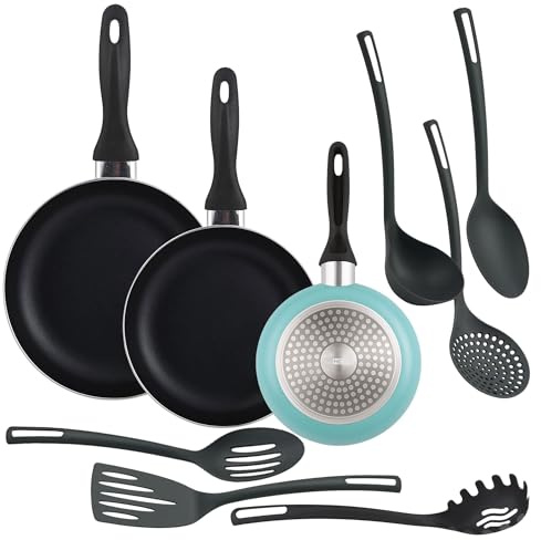 Well Home Set de 3 Sartenes Ø16Ø20Ø24cm de Aluminio prensado en Azul mate + 6 Utensilios de cocina en PBT color Negro