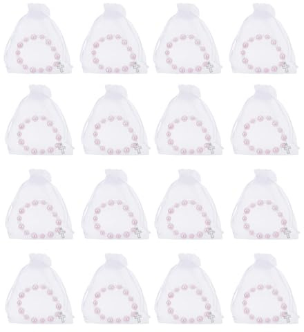 Cabilock Juego de 40 Pulseras Rosario Bautismal para Niñas con Crucifijo Plateado y Bolsas de Organza 10x12 Cm para Regalos de Comunión, Bautizo y Fiesta Religiosa