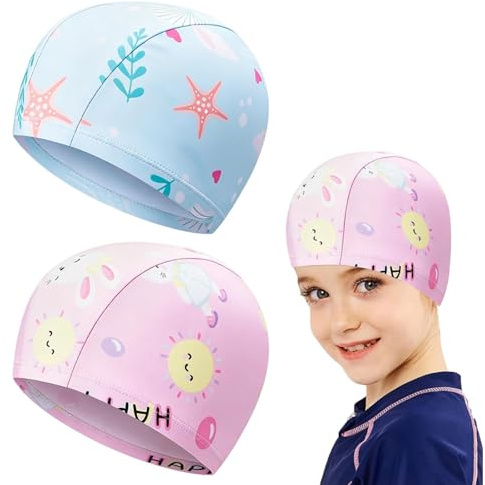 RIIRCSGE 2 Pcs Bonnet de Bain pour Enfants 1-6 Ans, Bonnet De Natation Bonnets De Bain Extensibles De Conception De Dessin Animé Bonnets De Piscine Et pour Filles Piscine Amusants