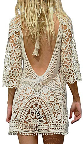 Femme Mini Robes de Plage Tunique Pull Kimono Bohême Mode Dos Nu Bikini Cover Up Crochet Blouse Taille Unique