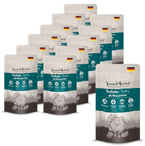 Venandi Animal Våtfoder med kalkon som monoprotein för katter, spannmålsfritt och naturligt, 12-pack (12 x 125 g)