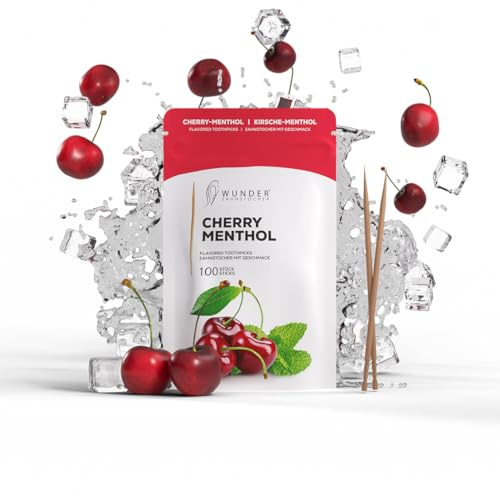 Wunder Palillos de Dientes - Cereza mentolada - Recambio de 100 palillos con sabor - Palillos de Dientes Cereza mentolada - contra el mal aliento - aliento frescor - Limpieza dental