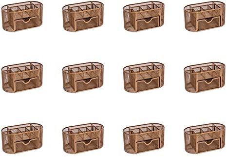 OSCO Wire-Mesh Desk Organiser with Drawer – 8 Compartment Metal Mesh Desk Tidy & Office Storage Pen Holder for Home, Office, Study, Rulers, Scissors, Smartphone – 12 Pack, Rosegold