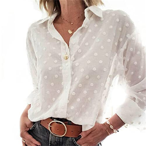 Himllauen Chemisier Femme Point Imprimé à Pois Blanc Blouse Boutonnée à Manches Longues Sexy Transparent Ample Élégant Casual (Blanc, L)