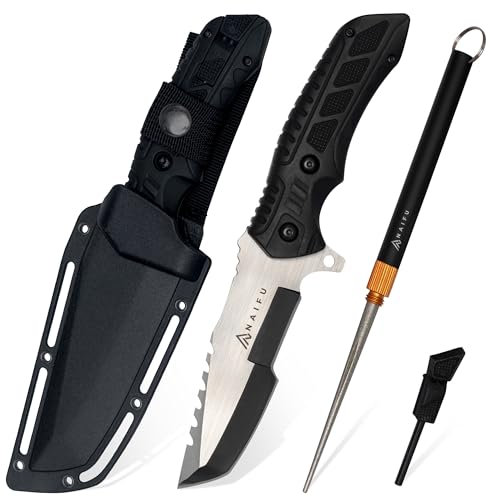Naifu The Outdoor – couteau de survie 12 cm Drop Point semi‑cranté en acier inox - kit de survie - lame fixe, étui rigide – polyvalent pour bushcraft - randonnée - couteau bushcraft - bivouac