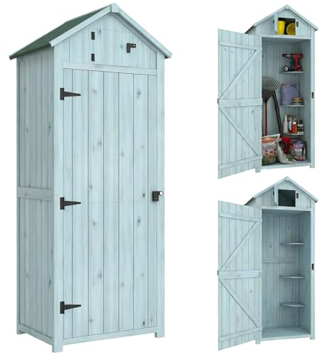 Outsunny Capanno da Giardino Piccolo in Legno, Casetta Porta Attrezzi Salvaspazio con 3 Mensole Rimovibili e Apertura sul Tetto, Tetto in Asfalto Impermeabile e Porta con Blocco, 77x54.2x179cm, Blu