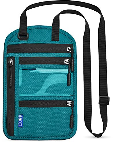 Yordawn Brustbeutel Brusttasche Herren Dame mit RFID-Schutz Wasserdicht Reisegeldbeutel Reise Sicherheitstasche mit Verstellbarem Halsriemen für Bargeld Karten Schlüssel und Reisepass, Blau