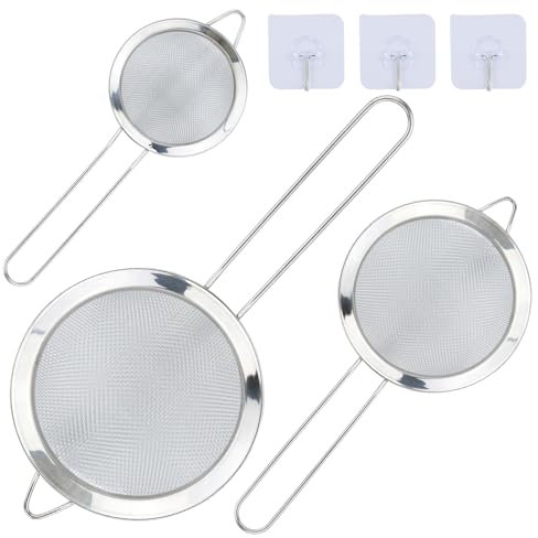 3 Pcs Small Stainless Steel Fine Mesh Strainers with Kitchen Hooks,8cm/12 cm/18cm Diameter Fine Mesh Sieve Tea Strainers Kitchen Colander Sieve - Ideal for Juice Egg Tea Coffee Flour Filter