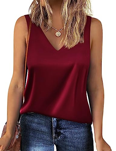 Zeagoo Blusa de satén sin mangas para mujer, camiseta básica de verano, informal, cuello de pico, borgoña, S