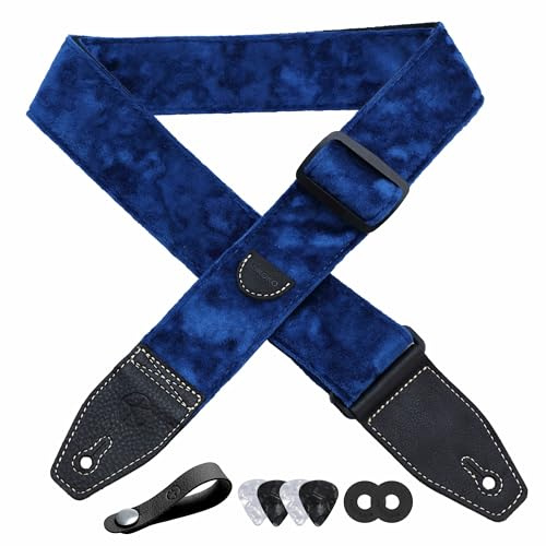 YIKOKO Sangle de guitare en velours de 5,1 cm avec extrémité en cuir pleine fleur, pour guitares basses, électriques et acoustiques, bouton de sangle, 2 verrous de sangle et 4 médiators