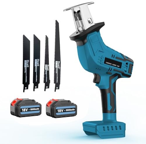 18V Akku Säbelsäge, Ersatz für Makita 18V Akku, Akku-Reciprosäge mit 2x 3000mAh Batterien, 4 Sägeblättern, 0-3000SPM Elektrische Säge, für Metall, Holz, PVC-Rohre