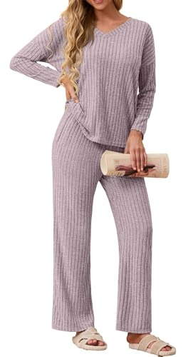GRECERELLE Schlafanzug Damen Loungewear Pyjama Set Zweiteiler Elegant Gerippt Homewear Herbst Outfit Lose Langarm Oberteile Weitem Bein Hosen Sets