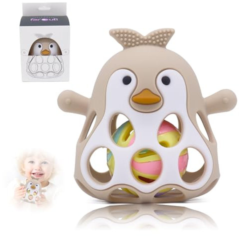 Farout Pinguin Rassel - Beißring Baby & Montessori Spielzeug - Oball Motorikspielzeug Babyrassel für Babyspielzeug ab 3 Monate, Geschenk für Jungen & Mädchen. (Beige)
