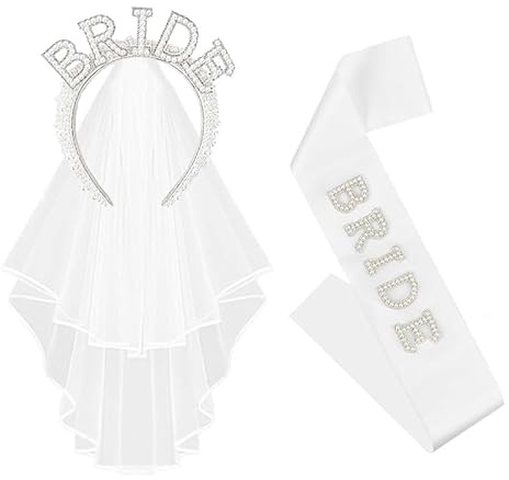 DOOFE Pearl Bride Headband Veil and Sash Kit, Hen Party Accessories Kit with Pearl Headband Bride to Be Sash, Bridal Tiara Headpiece Gifts for Bridal Shower Wedding Bachelorette Party Engagement
