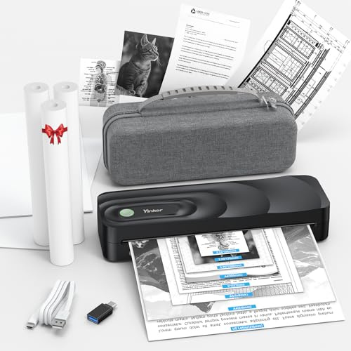 Yinker Tragbarer Thermodrucker A4 Bluetooth-Thermodrucker ohne Tinte, unterstützt US/A4 Thermopapier kompatibel mit iOS, Android, Laptop & PC, mit Tragetasche, 2 Papierrollen & 1 Faltpapier