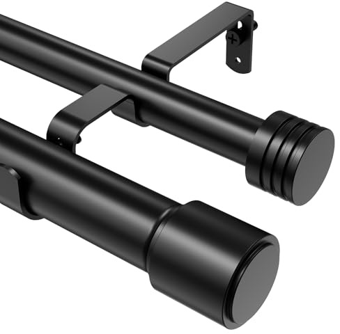 Abiglifty Double Curtain Pole 78-216 cm, 25mm Extendable Double Window Curtain Poles,Black Double Curtain Rod with Classic Cap Finial,Brackets, for Eyelet Curtains, Wall Mounted Window Curtain Rods