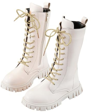 Girls Lace Up Riding Boots Mid Calf Combat Boots PU Leather Waterproof Fall Winter Side Zipper Punk Goth Boot Fashion Punk Non Slip Cowgirl Fleece Lined Solid Color 4-11 Years Gold