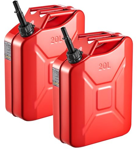 VEVOR Jerrican Essence Métal 20 L Bidon Essence Lot de 2 avec Bec Verseur, Poignée Confortable, Débit Maximal 6 L/min, Réservoir de Carburant pour la Plupart des Voitures, Motos, UTV, Tracteurs, Rouge